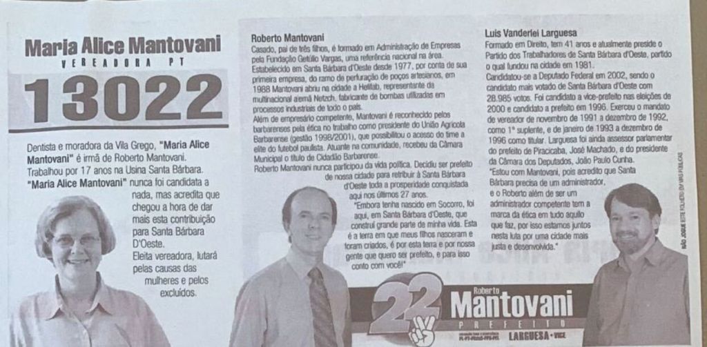 Campanha eleitoral de Mantovani junto com candidatura do PT