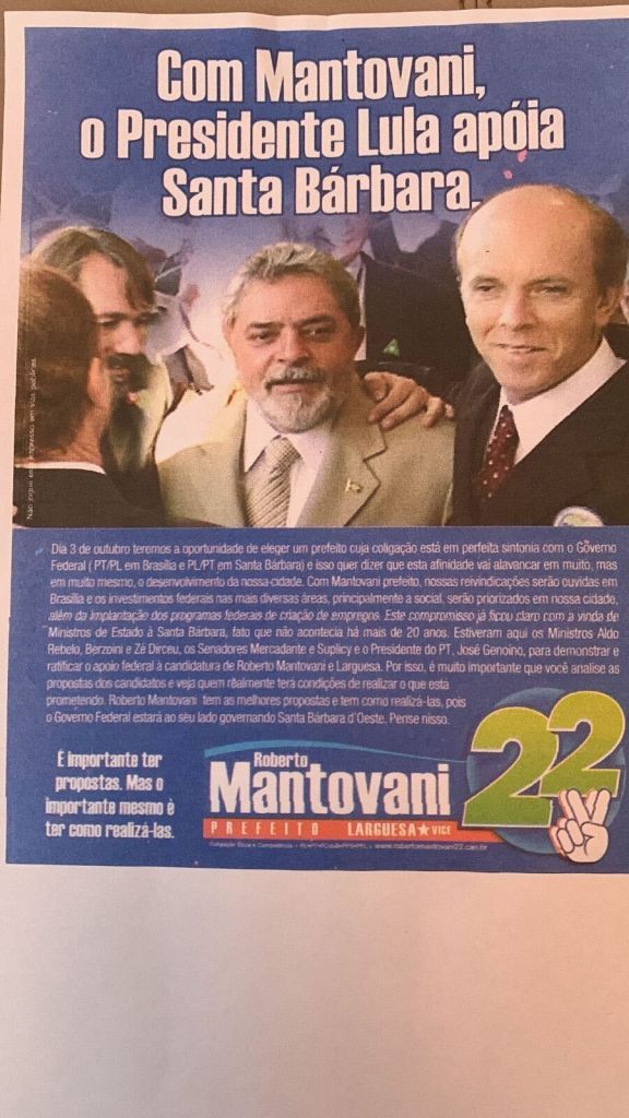Santinho utilizado por Mantovani em campanha eleitoral